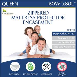 Queen Mattress Protector Bedbug Waterproof Zippered Cover - Deep Pocket Fits up to 20" Depth - Hypoallergenic Premium Quality Encasement Protects Against Dust White