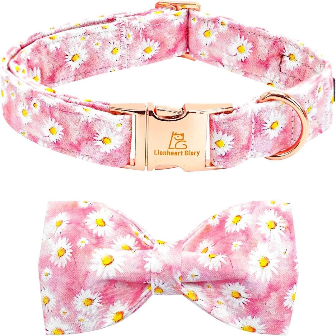 Lionheart glory Dog Bow Collar Valentine's Day Dog Collar for X-Large Dogs Hearts Bear Dog Collar with Bowtie Spring Pink Dog Collars Puppy Collar Bows, Pink Floral