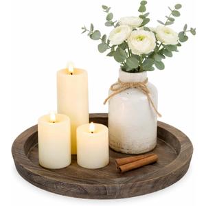 Hanobe Candle Plate Holder Tray: Round Wood Decorative Candle Plate - Rustic Farmhouse CoffeeTable Decor - Tealight Pillar Trays for Home Decor (Distressed)