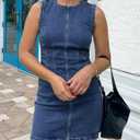 Daacee Women's Sleeveless Bodycon Denim Mini Dress Sleeveless Waist Tucks Zipper Short Tank Jean Dresses Concert Outfits (Blue, M)