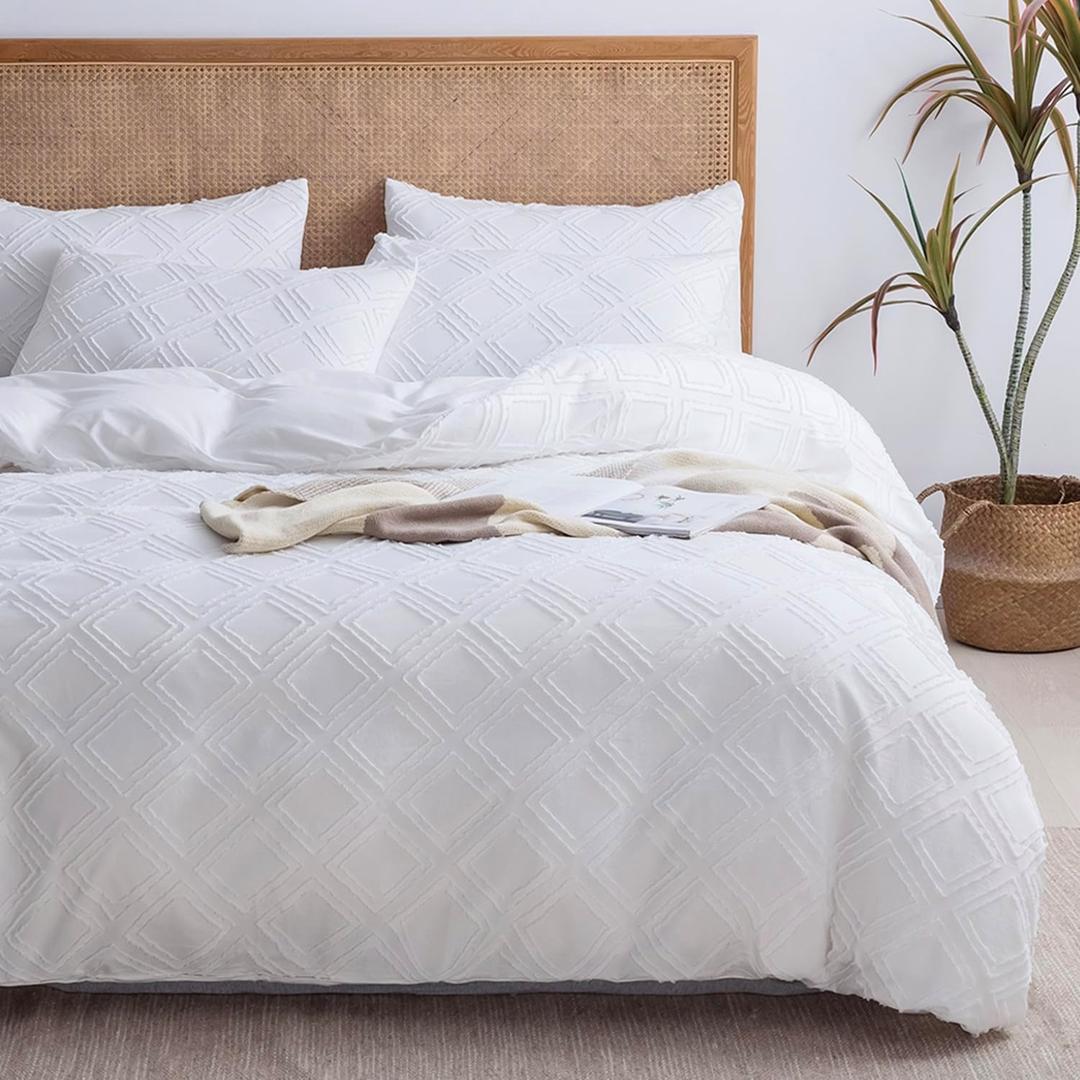 JELLYMONI Duvet Cover Queen Size Bright White - 3PCS Boho Duvet Cover Set Plaid Polyester Tufted Bohemian Jacquard Knit Textured Comforter Cover 9090in Rhombic Geometric Pattern Zipper Corner Tie