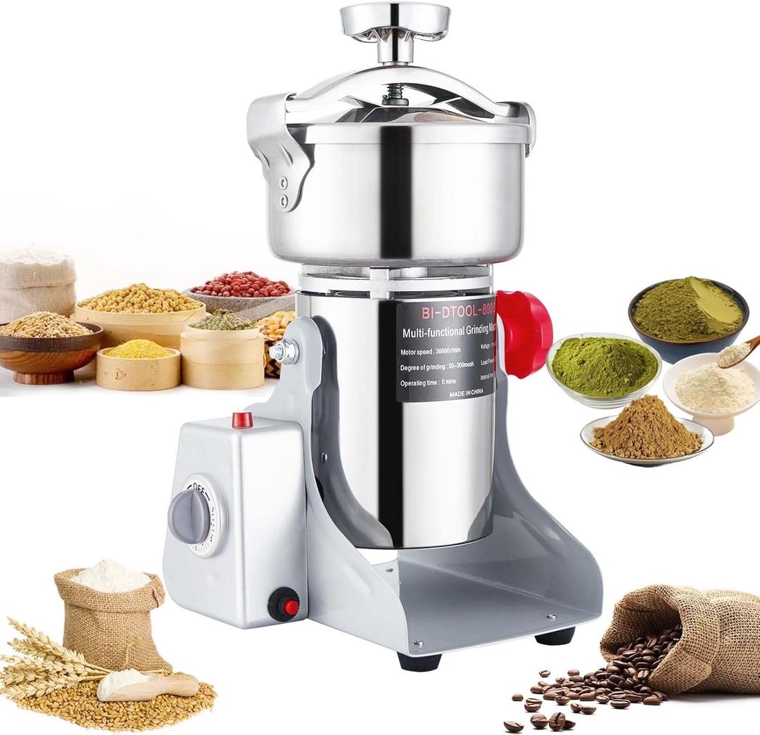 Electric Grain Mill Grinder 2000W Dry Material Grinding Machine 800g Stainless Steel Pulverizer 36000r/min High-speed Grain Mill 270 swingable Superfine powder for Home and Commercial 800g