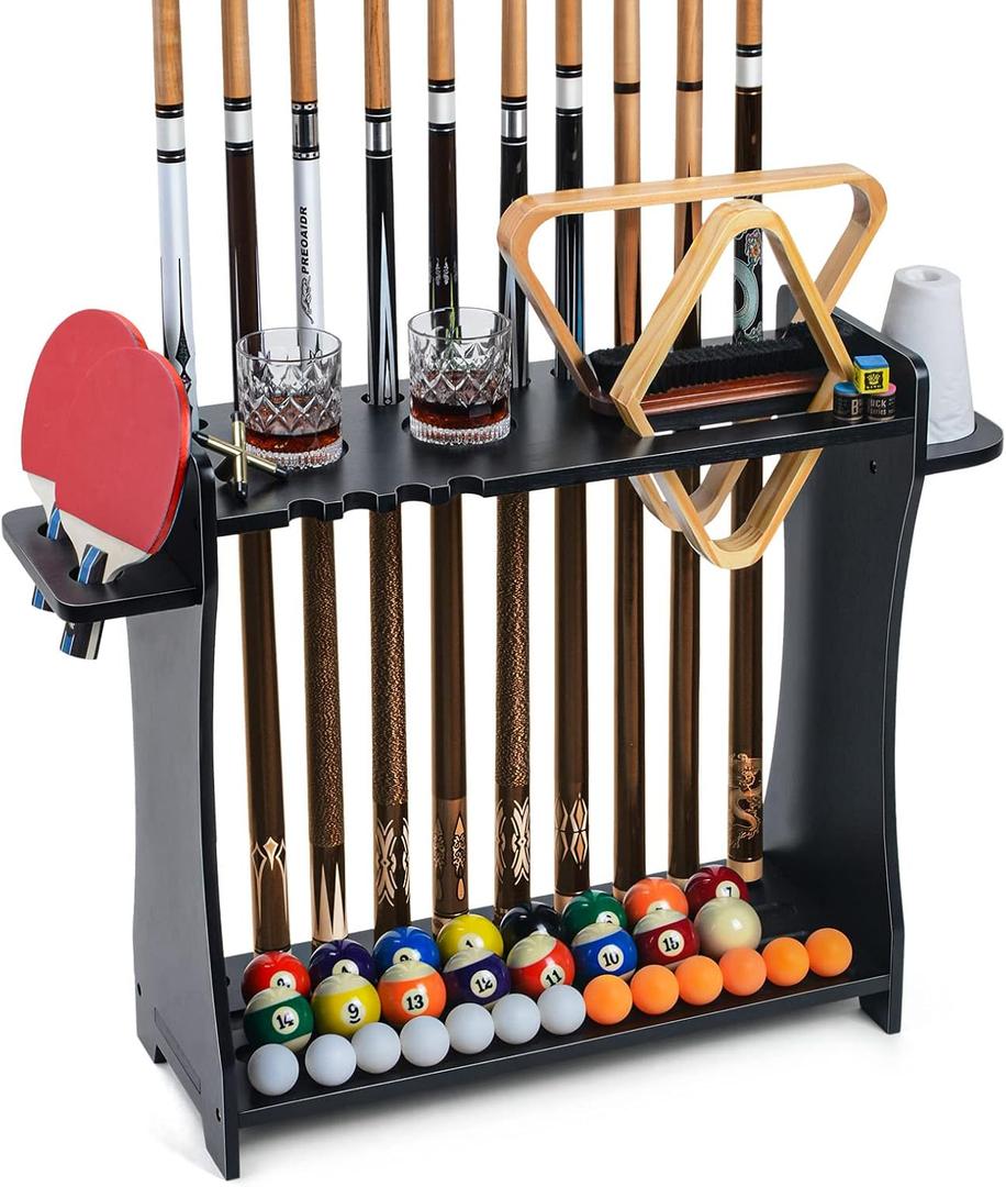 XCSOURCE Pool Stick Holder Floor Stand, 2-IN-1 Pool Cue Rack & Ping Pong Paddle Holder, 100% Solid Wood Holds 9 Cues Full Set of Balls, Billiards and Table Tennis Accessories for Man Cave, Game Room
