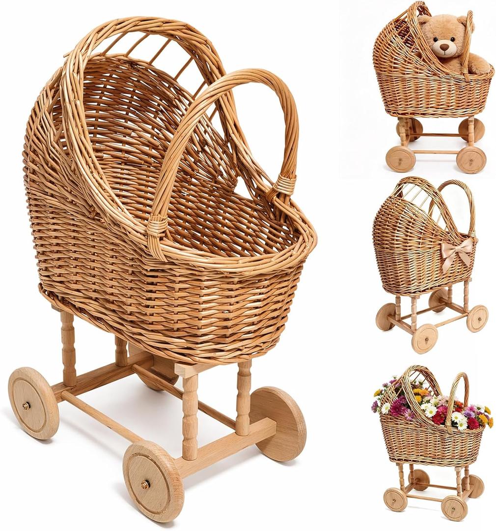 Vintage Wicker Baby Carriage Decor，Woven Rattan Stroller Flower Basket Cart for Wedding Centerpieces, Baby Shower Party Supplies & Nursery Floral Arrangement Props Floral Rustic Home Decor