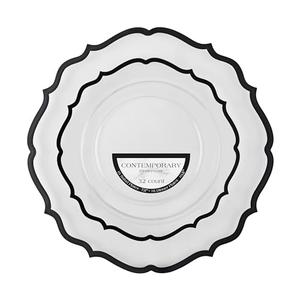 PLASTICPRO 64 Pack Elegant Disposable Plastic Plates Combo Set Includes 32 Dinner Plates and 32 Salad Plates Heavy Duty Fancy Party Plates Clear & Black Contemporary Design