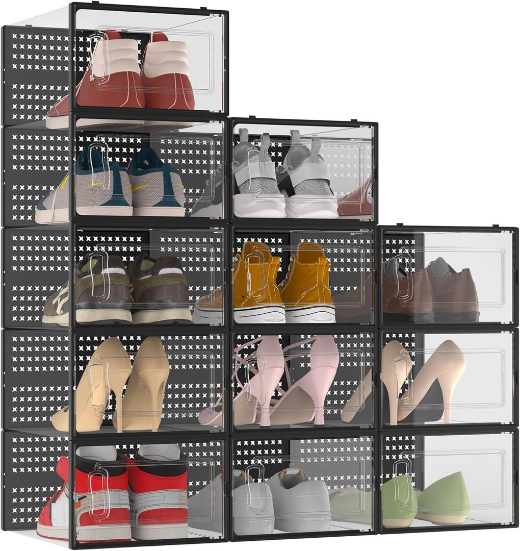 12 Pack XXX-Large Modular Clear Plastic Stackable Shoe Storage Organizer for Closet, Space Saving Versatile Sneaker Shoe Rack Containers Bins Holders, Portable Closet Organizers and Storage, Black