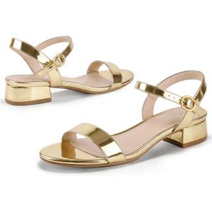 Ankis Women Nude Black White Open Toe 1 Inch Block Low Heel Sandals Daily, 10 Size (Gold)