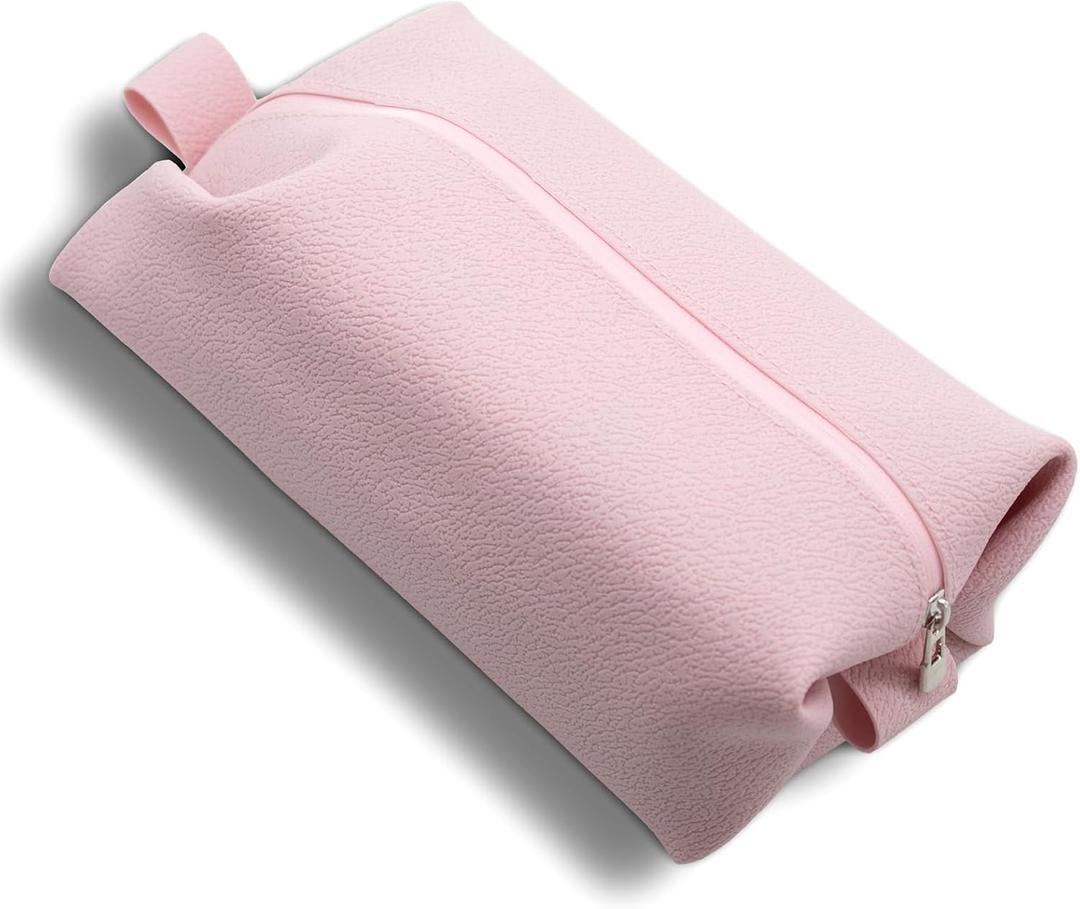 FyndAna Portable Silicone Makeup Bag, Large Waterproof Makeup Brush Bag,Bathroom Travel Bag,Upgraded Leakproof Zipper Makeup Box,Suitable for Mens Womens(Pink)