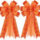 2 Pack Fall Bows for Wreaths Decorations for Home, Halloween Tree Topper Bow, Thanksgiving Bow with Orange Buffalo Plaid Burlap Front Door Outdoor