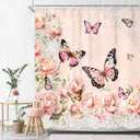 Pink Floral Butterfly Shower Curtain, Rustic Rose Gold Peony Flower Butterfly Shower Curtain for Bathroom, 60Wx72L Inch Vintage Pretty Woman Bathroom Set Bathtub Bath Accessories Home Decor