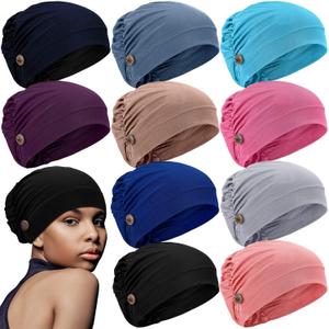 Geyoga 10 Pieces Soft Bouffant Caps with Buttons, Gourd-Shape Caps Stretch Bouffant Hats Unisex Stretchy Headband Turban with Ear Loop Holder Buttons Multicolor (One Size)