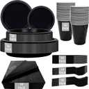 MirthMood 350PCS Black Disposable Plates,Black Plates,Plastic Party Supplies, Includes 50 Dinner Plates, 50 Salad Plates, 50 Silverware, 50 Napkins and 50 12OZ Cups for Wedding & Birthday & Party