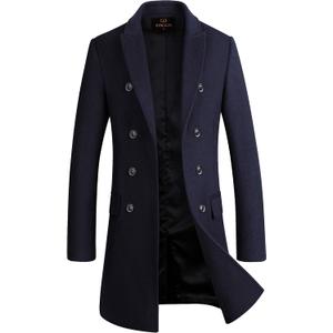 Men's Premium Wool Blend Double Breasted Long Pea Coat (X-Large, Navy Blue)