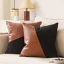 Set of 2 Black and Brown Faux Leather Throw Pillow Covers 20X20 Inch Boho Modern Farmhouse Cotton Decorative Pillows for Couch Living Room Bedroom, Cognac