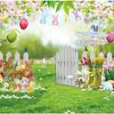 10X8FT Spring Easter Garden Photography Backdrop Easter Backdrops for Photography Green Grass Lawn Pink Floral Fence Background Baby Children Birthday Party Decorations Banner DH-1104