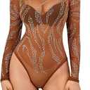 Pasgreson Women's Sheer Mesh Long Sleeve Bodysuit Mock Neck Tops Sexy See Through Sparkle Rhinestone Leotard Bodysuits (Black)