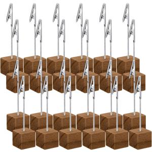 24 Pcs Cube Base Memo Clip Holder Lightweight Wood Cube with Alligator Clasp for Displaying Pictures Number Menu Name Card Wedding Party Meeting (Brown)