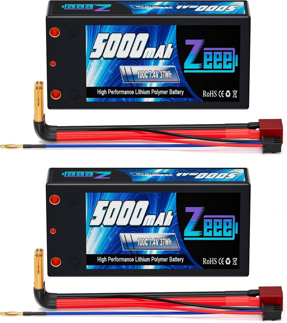 Zeee 2S Shorty Lipo Battery 5000mAh 7.4V 100C Hard Case Battery with 4mm Bullet to T Connector for RC 1/10 Scale Vehicles Car Trucks Boats RC Models(2 Pack)
