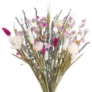 Dried Flowers Bouquet Dried Daisy Flower Natural Lavender Dry Flower Bunny Tails Pink Gerber Daisies Flowers Wheat Stalks Floral Stems Arrangements for Vase Table Centerpiece Decor Farmhouse