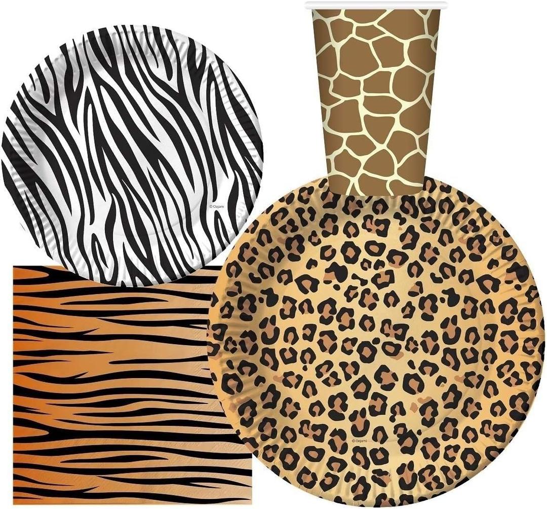 Serves 30 Guest Jungle Safari Zoo Animal Print Birthday Party Supplies Pack 9" Dinner Plates 7" Dessert Plates 12 oz Cups Napkins Zoo Animal Print Jungle Safari Themed