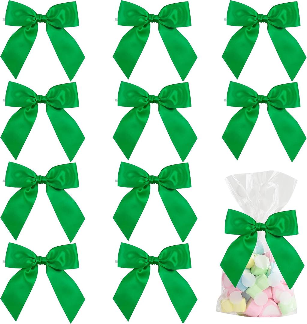 AIMUDI Green Satin Bows 4.5" Pre-Tied Emerald Green Twist Tie Bows for Treat Bags Green Ribbon Bows for Crafts Premade Bows for Gift Wrapping Wedding Decor Party Christmas Favors - 36 PCs