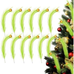 12PCS Christmas Tree Topper, 17 Inch Christmas Tree Decorations Green Curly Xmas Tree Picks with Gold Balls Elf Ornaments Stems for Xmas Tree Decor Wreath Party Gift