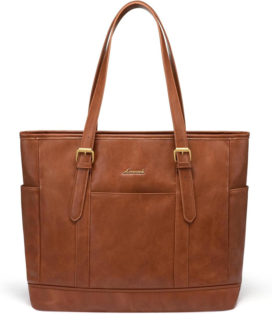 LOVEVOOK Laptop Tote Bag for Women,Vintage Leather Work Tote Bag for Women, 15.6 Inch Computer Briefcase Bag,Waterproof Teacher Business Office (Retro Brown)