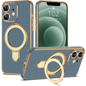 Compatible with iPhone 12 Case with Magnetic Ring Stand [Compatible with Mag-Safe] [Full Camera Lens Protector] Soft Plating Phone Case for iPhone 12 6.1", Grey Blue