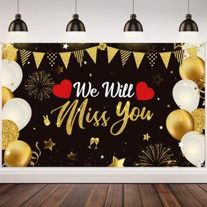 Irenare We Will Miss You Party Decoration, Extra Large Black Gold Going Away Party Backdrop Miss You Photography Background Banner for Farewell Anniversary Retirement Graduation Party,70.8 x 43.3 Inch