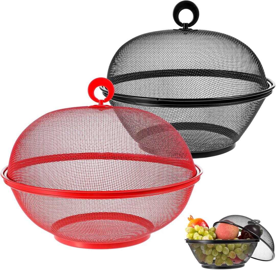 MAQUITA 2 Pcs Mesh Fruit Basket with Lid Fruit Cover Protective Countertop Produce Cover Metal Wire Mesh Holder Strainer Mesh Fruit Holder Kitchen Accessories for Kitchen Food Vegetable
