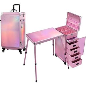 Joligrace Rolling Manicure Table 5 Drawers Foldable Nail Desk Cosmetology Case on Wheels Makeup Case with Brush Pouch for Technician Workstation Mobile Makeup Artist Trolley, Shiny Pink