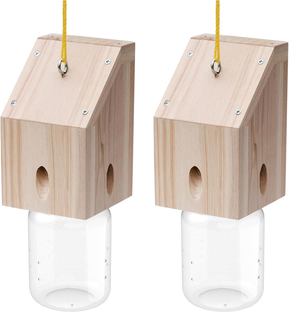 Carpenter Bee Trap for Outside - Shed Style Nature Hanging Wood Trap for Outdoor with Removable Bee Vault Plastic Jar (2 Pack)