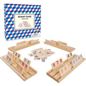 Upgraded Rummy Cube Game with 106 Large Number Rummy Tiles Set, 4 Wooden Racks & Dice - Family Board Games for Adults & Kids, Travel Size Rummy Games for 2-4 Players, Funny Night Game