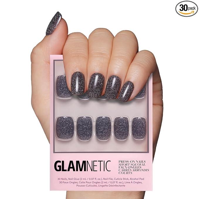Glamnetic Press On Nails - Cosmic | Semi-Transparent Sparkly Black Short Squoval Fake Nails with a Glossy Finish, Salon Quality | 15 Sizes - 30 Nail Kit with Glue