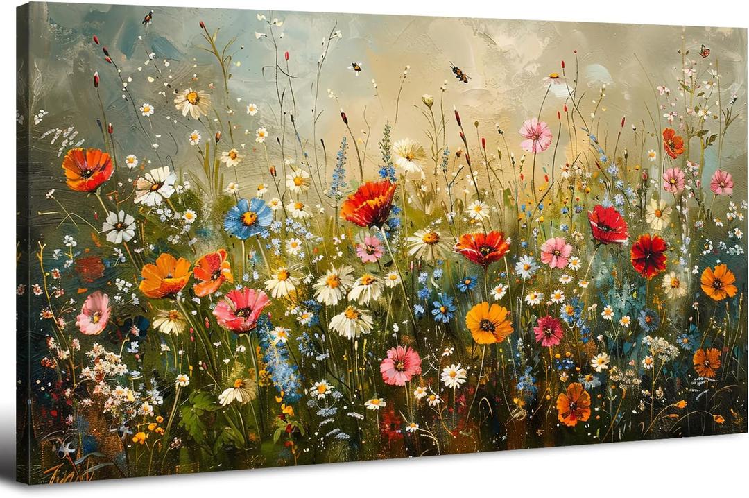 Colorful Floral Wall Art Farmhouse Botanical Wall Decor Nature Daisy Poppy Wildflower Picture for Living Room Rustic Meadow Flower Bouquet Prints Watercolor Artwork Bedroom Bathroom Decoration 20x40"