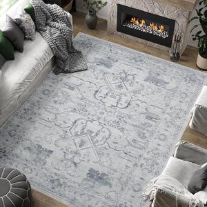 jinchan 6x9 Machine Washable Area Rugs for Living Room - Vintage Floral Stain Resistant Low Pile Ultra-Thin Non Slip Accent Rug for Bedroom Kitchen Dining Room Home Office (6x9ft,Taupe)