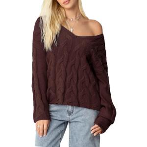 SUUKSESS Women Oversized Cable Sweaters V Neck Long Sleeve Knit Trendy Outfits (Brown, L)