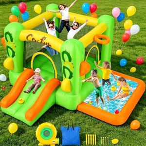 Inflatable Bounce House, Indoor Outdoor Blow up Bouncy House Bouncer Castle with Splash Pool, Bouncer, Blow up Jump Bouncy Castle Water Park for Teens Backyard Party, Green 15 x 15 x 16 inches
