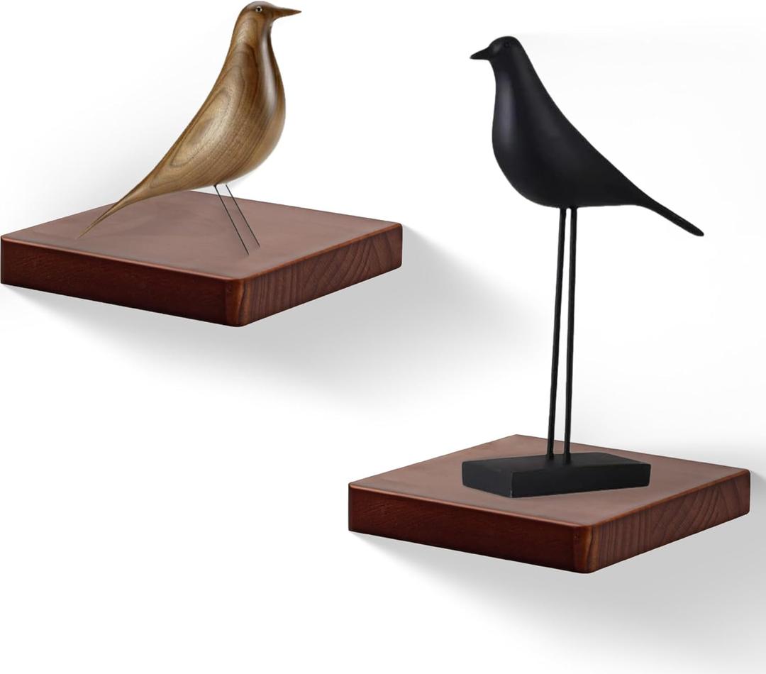 Floating Shelves for Wall Set of 2, 6-Inch Solid Wood Square Shelves, Small Decorative Wall Display Shelf for Bathroom, Bedroom, Living Room & Kitchen  Dark Walnut