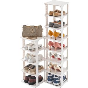 5 Tiers Shoe Rack Organizer for Closet Shoe Holder Storage Narrow Plastic Vertical, Free Standing Shoe Rack Shelf for Entryway Stackable Stability DIY, Beige