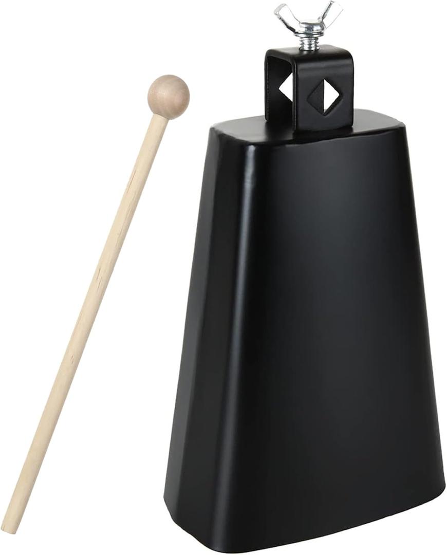 Acrux7 7 Inch Large Cow Bell Noise Makers, Metal Cowbell with Handle and Stick, Hand Percussion Music Cowbell for Sporting Events, Drum Set, Church, Weddings, Beautiful Clear Tapping Sound (Black)