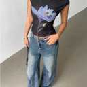 SOLY HUX Women's Y2k Floral Mesh Tops Short Sleeve Aesthetic T Shirts Music Festival Concert Outfit (Black, M)