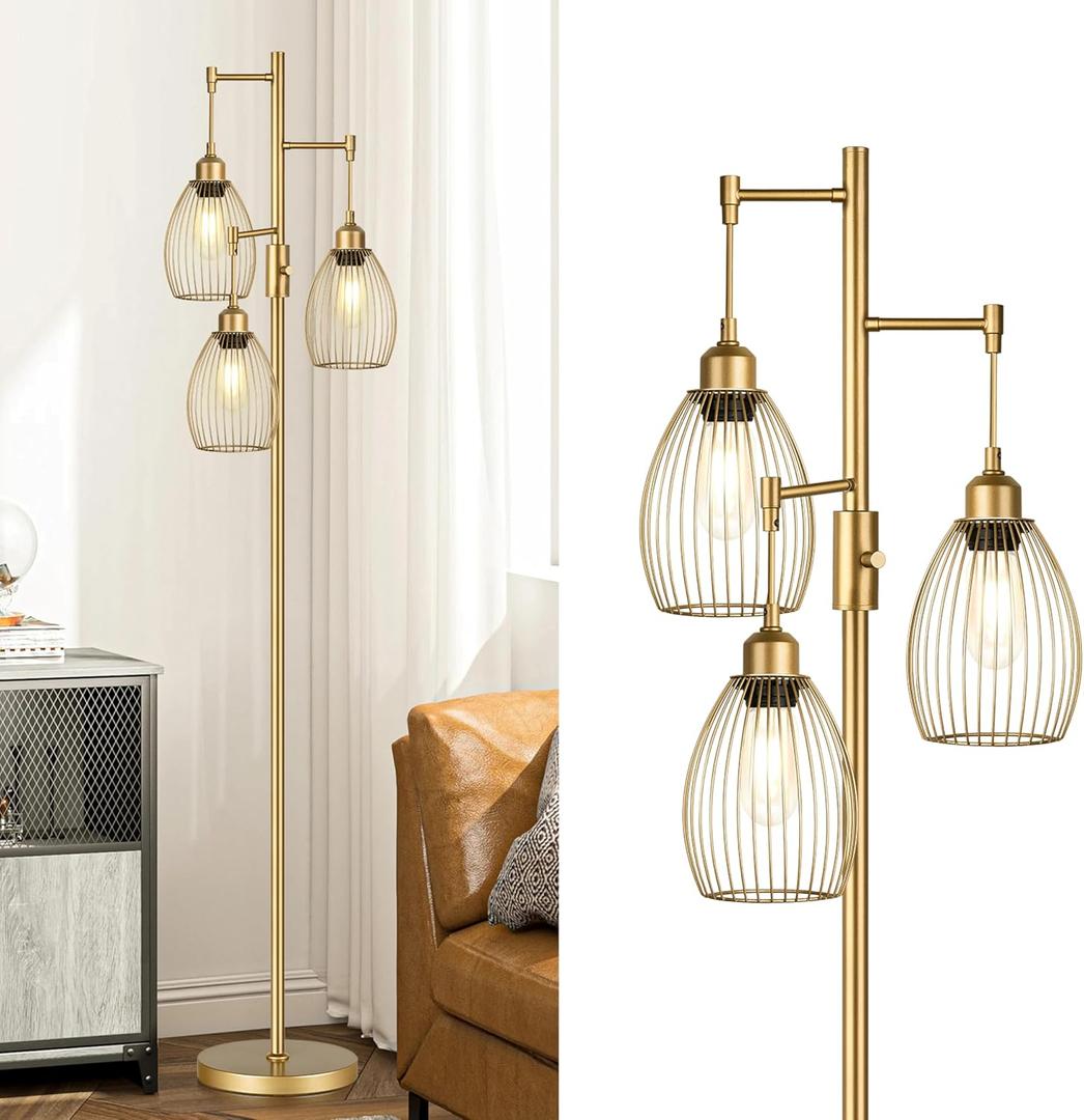 Dimmable Industrial Floor Lamps for Living Room, Gold Tree Standing Tall Lamps with 3 Elegant Teardrop Cage Head & 800 Lumens LED Bulbs for Bedroom Office (Gold-70 inches)