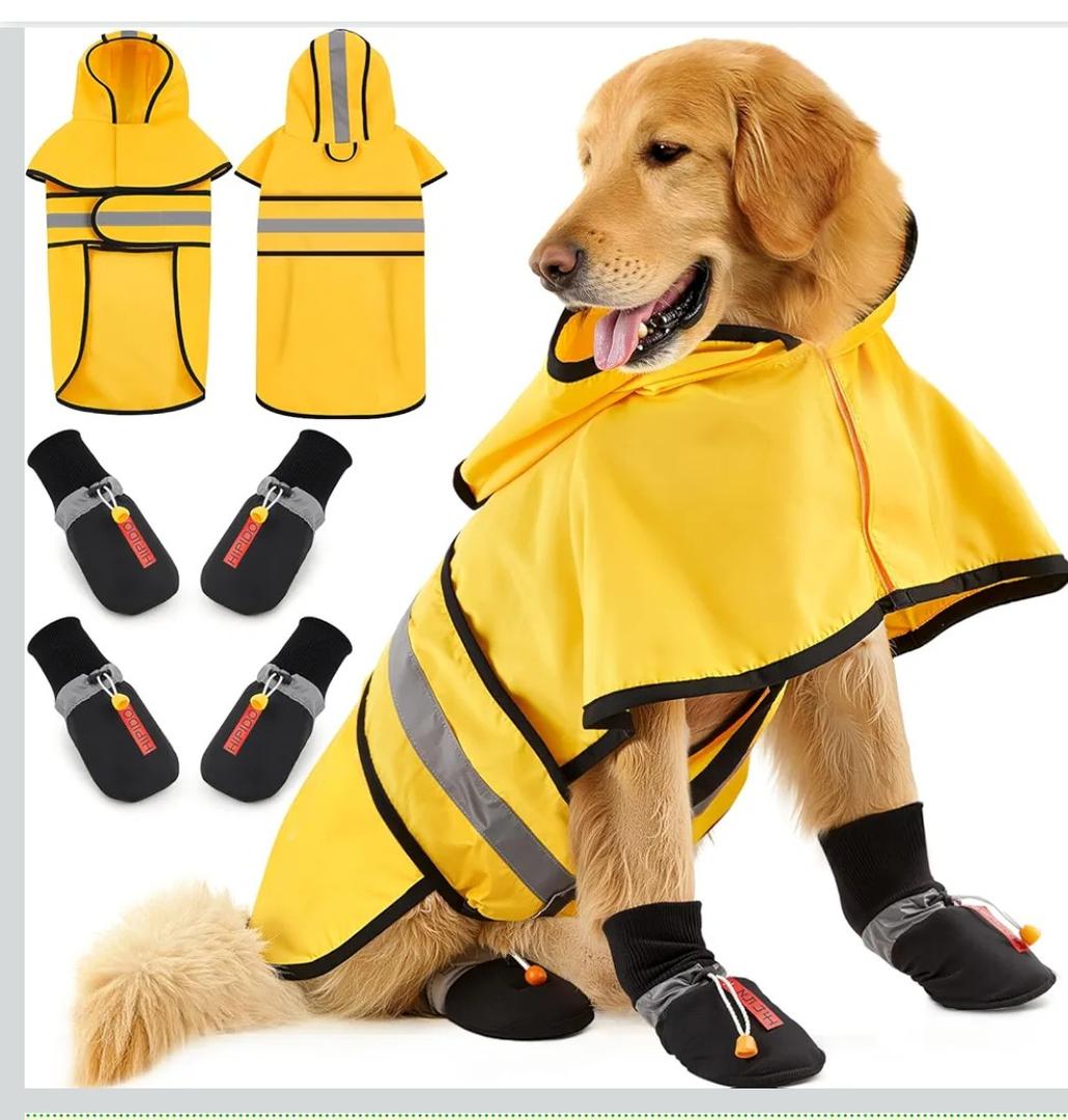 Dog Raincoat and Shoes for Weighing, Spring Summer Waterproof Dogs Boots & Paw Protectors, Adjustable Pet Poncho with Leash Hole for Large Medium Small Dogs, Yellow(Single Side)