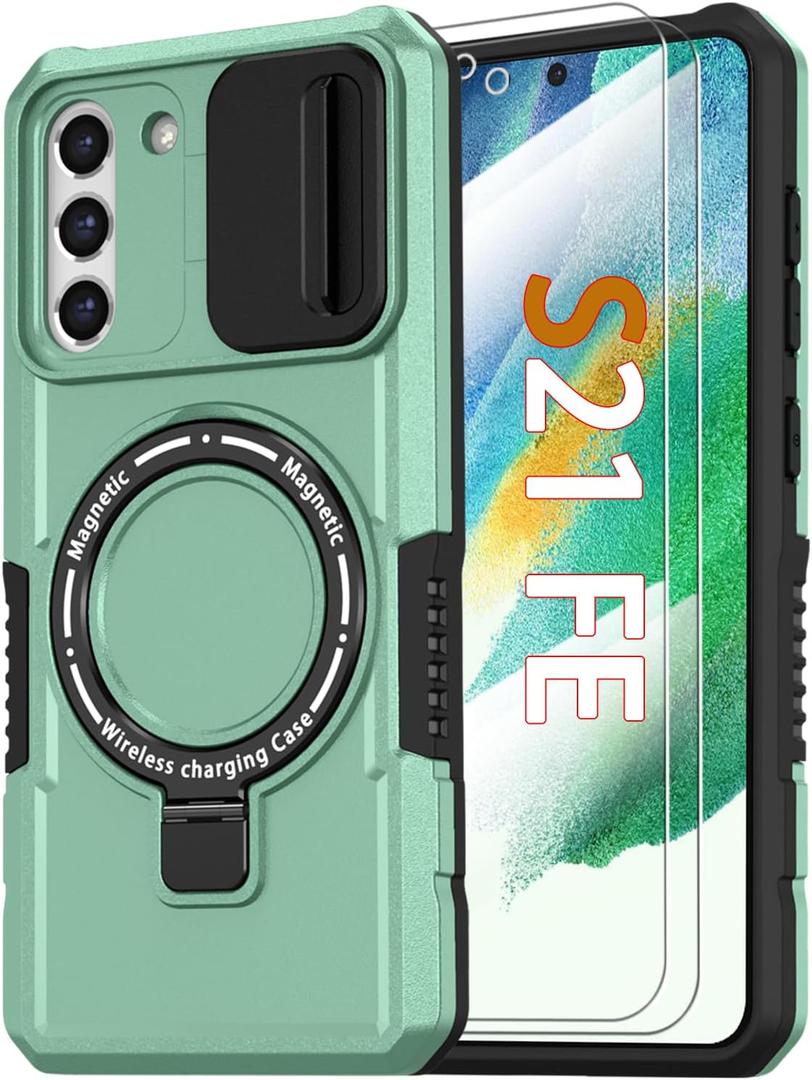 for Samsung Galaxy S21 FE Case with Magnetic Ring Stand+Glass Screen Protector [Compatible with MagSafe] Military Grade Cases with Camera Cover, Shockproof Cover for Samsung S21 FE 6.4", Green