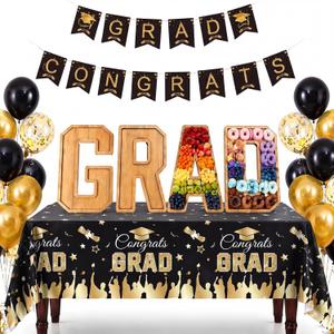 Mindsoft 30 Pcs Charcuterie Board Graduation Decorations Sets 2026 Grad Bamboo Fillable Box with Black and Gold Tablecloth, Congrats Banners, Balloons Graduation Party Supplies for High School College