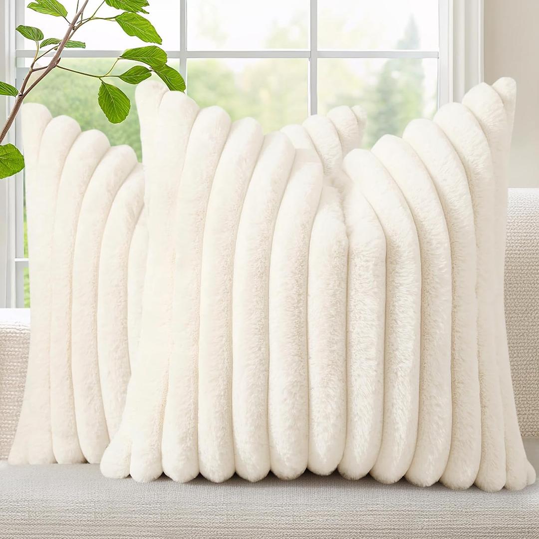 decorUhome Summer Cozy Faux Fur Throw Pillow Covers 20x20 Set of 2 Decorative Soft Plush Striped Modern Farmhouse Boho Couch Pillow Cases with Velvet Back for Sofa Bed Living Room, Cream White