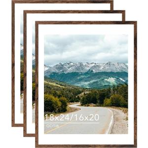 Wood 18x24 Picture Frame with 16x20 Mat, Display 16x20 with Mat or 18x24 Without Mat, Wood 18 by 24 Photo Frame, 18 x 24 Frame for Wall Hanging Display, Deep Brown, 3 Pack
