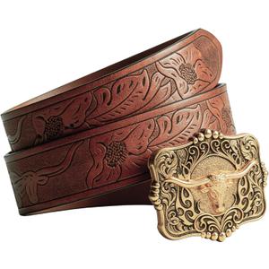 IZUS Western-Belts for Men Cowboy-Boy-Style Retro Cowgirl County Belt with 1.5"-wide Bull-Floral-PU-Strap Women Waist-Belts (Brown-2413a Buckle)