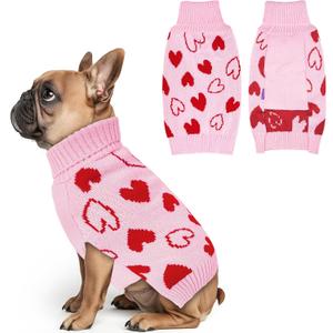 Cyeollo Valentines Dog Sweater, Warm Turtleneck Dog Valentines Outfit, Soft Stretchy Knit Pullover Dog Sweaters for Small Dogs Girl, Heart Pattern Holiday Doggie Pet Clothes with Leash Hole, Pink M